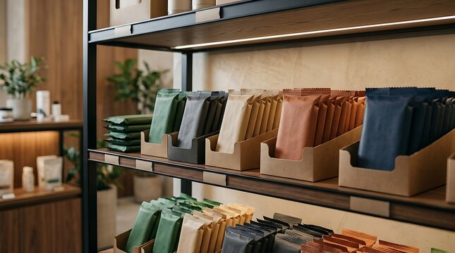 Modern retail store shelves with organized paper bags and products in a shop interior display. Protein bar packaging