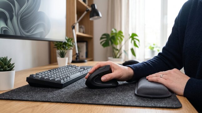 Side view of a person's hand resting comfortably on a vertical ergonomic mouse at a clean wooden desk setup, highlighting ergonomic computer peripherals and wrist strain relief.