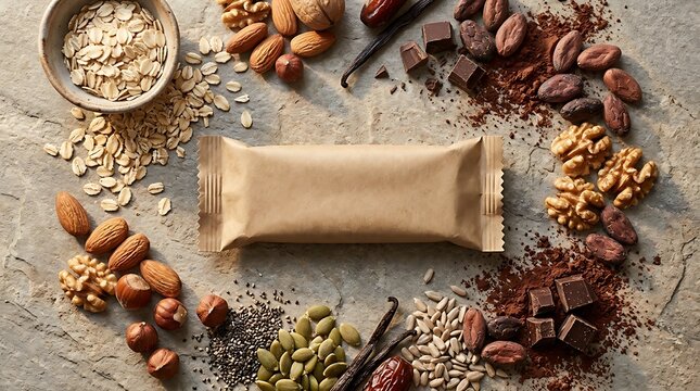 Blank protein bar wrapper with healthy nuts and seeds on a gray stone surface. Protein bar packaging