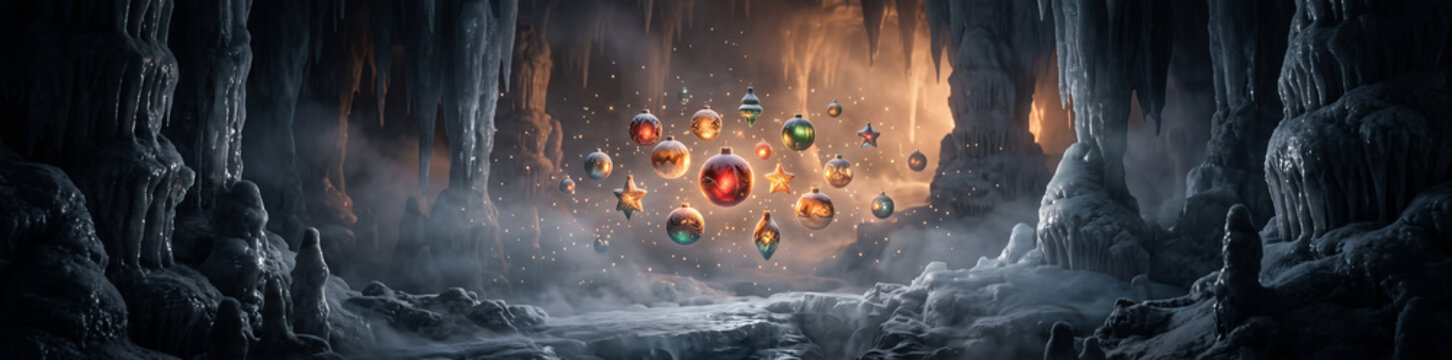 Fantasy ice cave with magical glowing spheres, cinematic underground cavern landscape, mystical floating orbs in frozen mountain interior