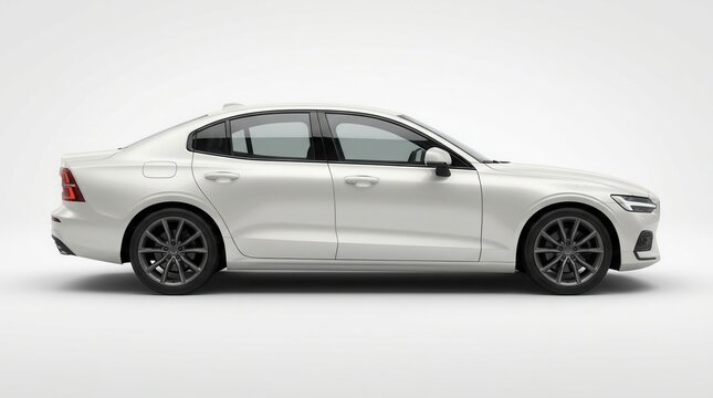 Side view of a sleek white sedan with modern profile and clean lines.