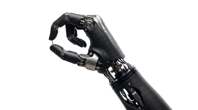 Prosthetic bionic hand and robotic arm performing precision pinch grip gesture