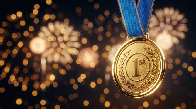 A gold medal with a blue ribbon hangs against a backdrop of festive fireworks.