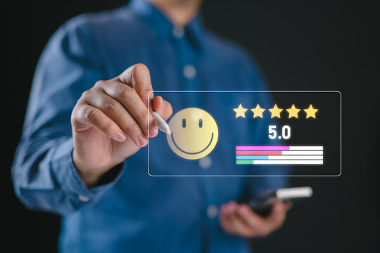 Customer satisfaction and five-star rating concept featuring a user providing digital feedback on a mobile device, highlighting customer experience, online reviews, service quality, and brand trust.