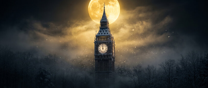 Cinematic clock tower at night with full moon, mysterious foggy landscape, dark gothic architecture with glowing yellow clock face and misty forest