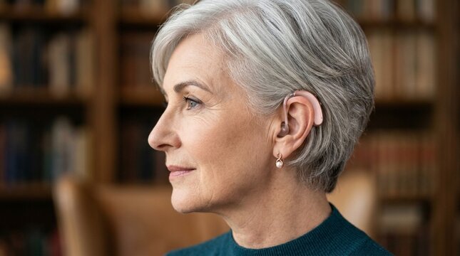 Mature Woman Profile with Hearing Aid - Senior Hearing Health
