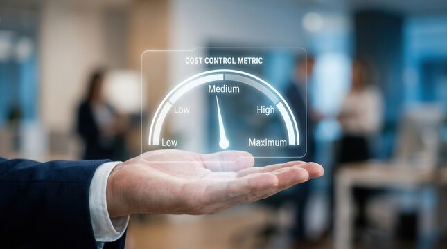 A business professional's hand holding a glowing digital cost control speedometer icon.