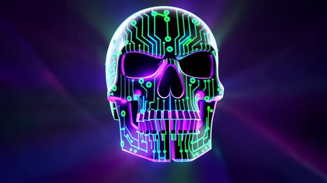 Glowing cybernetic skull rotates from front to side and back view with neon green circuit board patterns, colorful light rays, and futuristic digital technology design