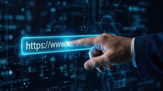 A businessman's hand touching a digital https address bar on a dark background.