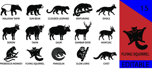 Obraz premium Black southeast asian mammals silhouette bundle tapir sun bear clouded leopard binturong dhole serow takin gaur sambar deer loris editable vector