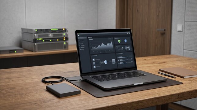 Laptop displaying a network security dashboard connected to an external hard drive on a wooden desk, with server rack hardware blurred in the background, representing IT infrastructure.