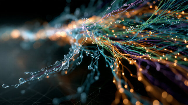 Abstract Git topology with luminous branching streams connecting glowing translucent nodes in blue, green, orange, purple. Dark background, cinematic lighting, left copy space for tech banners.