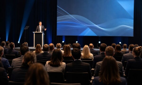 Speaker presenting on stage at a corporate business conference in a darkened auditorium