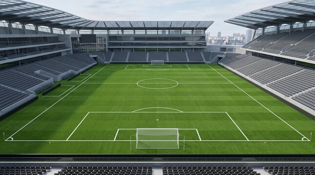 Empty modern soccer stadium with green grass pitch and tiered seating rows