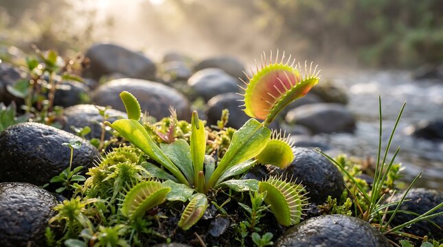 Close up view of a carnivorous venus flytrap plant growing near a flowing river stream in nature