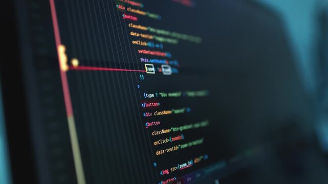 Programming code on computer display close up. Website development, database access and software engineering