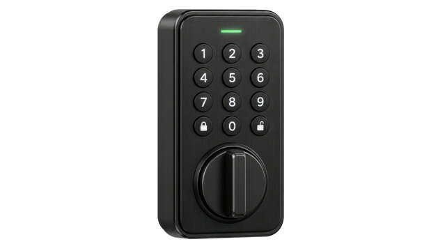 smart numeric deadbolt lock, backlit keypad over large black rotary thumbturn, matte black metal. Smart home device isolated on white background, product shot for access control catalog.