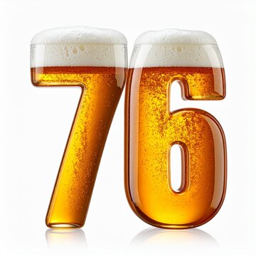 Beer Glass Shaped as Number 76 with Foam and Bubbles on White Background for Birthday and Anniversary Celebration