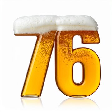 Beer Glass Shaped as Number 76 with Foam and Bubbles on White Background for Birthday and Anniversary Celebration
