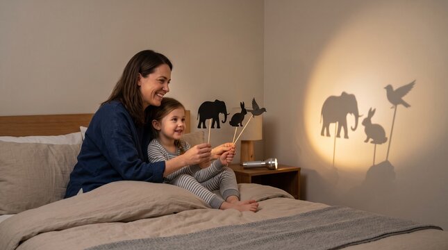 Happy mother and daughter sitting on a cozy bed projecting animal shadow puppets onto a wall using a flashlight, depicting bedtime storytelling and warm family connection.