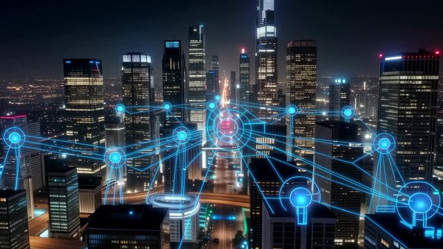 Futuristic city skyline at night with glowing digital network nodes and connections spreading between illuminated skyscrapers, urban technology concept, cinematic aerial animation