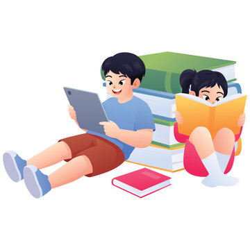 Children reading books together on the floor, suitable for literacy event, library activity, school learning, and storytelling themes.