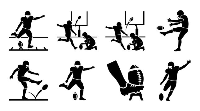 American football kicking silhouettes set