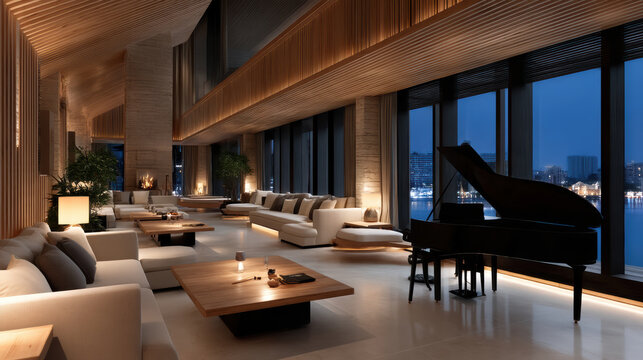 Empty luxury hotel lounge at night with modern sofa, grand piano, city view, warm lighting, elegant decor