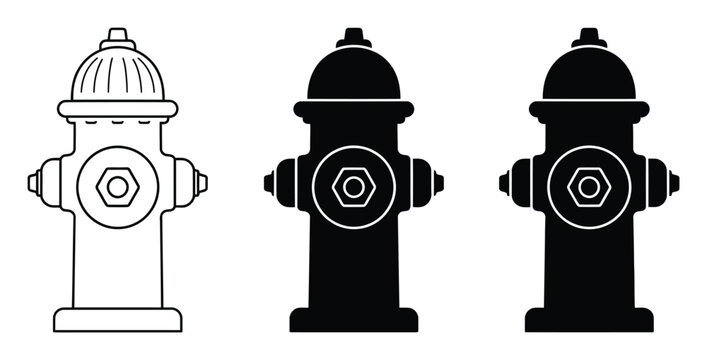 Three fire hydrant icons featuring detailed line and solid black silhouettes for urban infrastructure and public safety