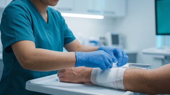 Skilled Nurse Applying Sterile Bandage To Patient Wrist During Professional Medical Treatment Inside Modern Hospital Clinical Environment Safely