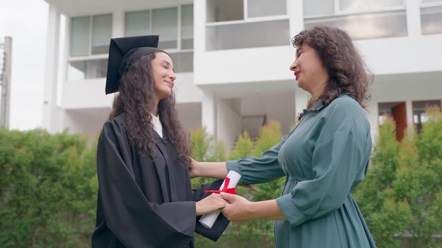 Senior Latino mother celebrating young adult daughter's college graduation. 