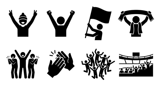 Set of sports fans icons, cheering people, clapping hands, holding flag and scarf, stadium crowd, vector illustration, NFL, American Football, Super Bowl, NFL 2027
