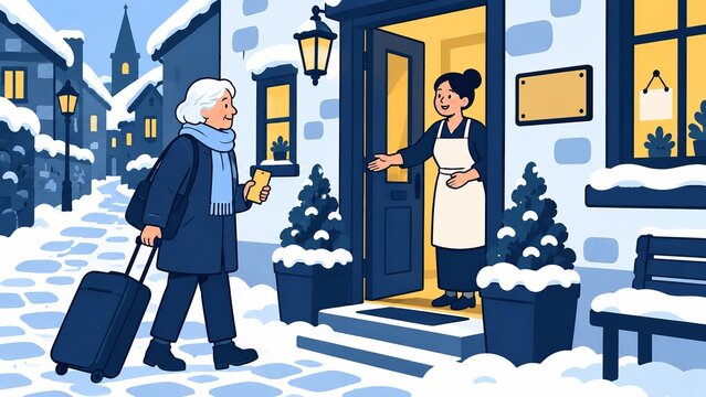 Older Solo Woman Checking into Small Winter Guesthouse