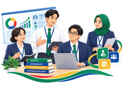 Diverse business team meeting discussing human resource management talent development corporate performance dashboard vector illustration, hr analytics group clipart
