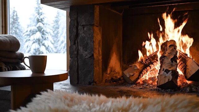 fireplace with burning logs and Hygge Norway vibes 