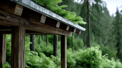 Fototapeta premium Old wooden roof with ferns growing, rain falling, lush green forest background, tranquil natural scene