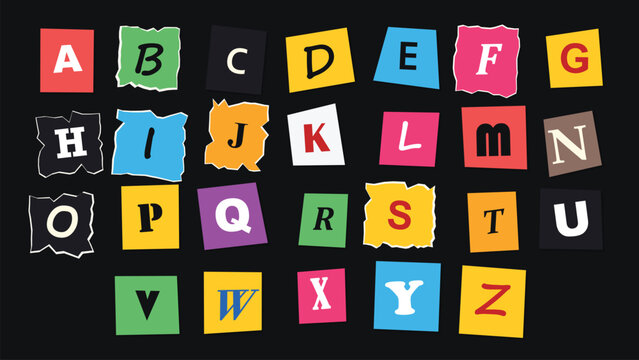 Alphabet letters a-z cut out from colorful torn paper on a black background
