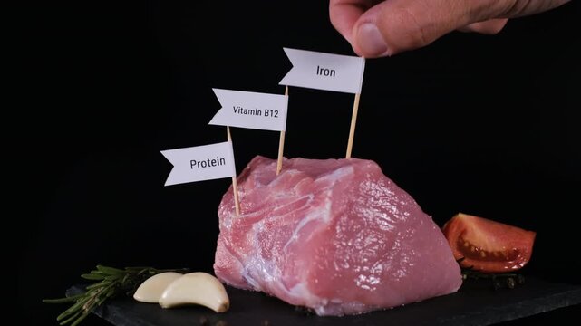 A male hand adds protein, iron, vitamin B12 and zinc labels to fresh raw pork surrounded by rosemary, garlic and pepper on black slate. Nutritional awareness concept