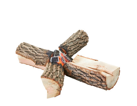 Isolated campfire logs burning with glowing embers and hot charcoals arranged for a cozy outdoor fireplace design element cutout on transparent background resolution image wood asset