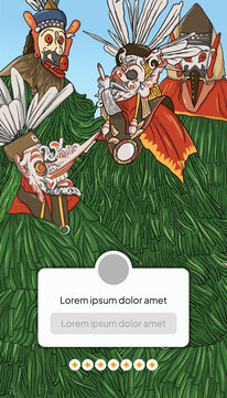 Hudoq masked dance hand drawn illustration layout with dayak bahau cultural context