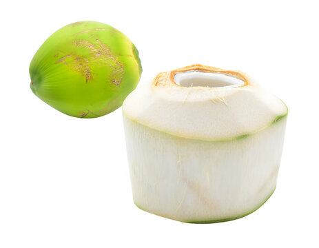 Fresh whole green coconut and peeled young drink ingredient cutout on transparent background alongside white open top isolated clear featuring natural tropical fruit textures studio