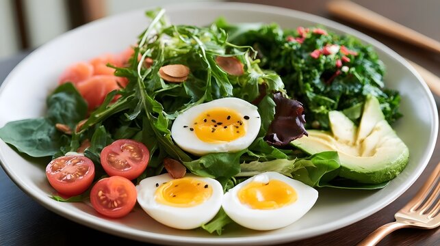 A vibrant fresh salad with boiled eggs  avocado  cherry tomatoes  and mixed greens on a white plate