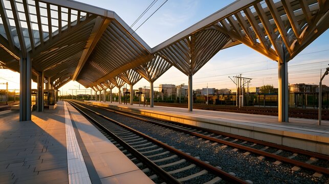 Modern train station platform with sleek metal roof structure and parallel railway tracks under golden sunset light