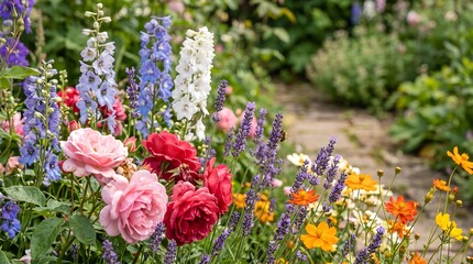 Obraz premium Garden bed with blooming delphiniums and pink roses