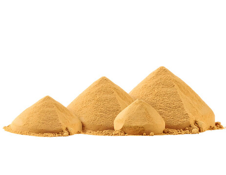 Four heaps of fine yellow powder piled into small cone shapes isolated on transparent background studio photograph neatly featuring detailed granular texture warm golden tones shape
