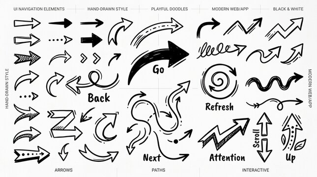 Hand Drawn Arrows Collection: Icons, Navigation, Doodles, and UI Elements
