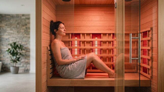 Serene woman wrapped in a grey towel sitting with eyes closed inside a modern wooden infrared sauna cabin, depicting luxury spa wellness, detoxification, and heat therapy.