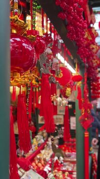 Traditional Chinese festival market. Chinese red lanterns and souvenirs 