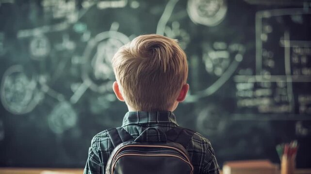 Young Learner's Perspective: A young boy with a backpack stands in front of a chalkboard covered in complex diagrams, symbolizing the journey of learning and intellectual exploration.
