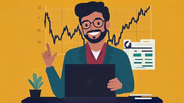 Financial Success and Growth: A confident businessman with glasses sits at his desk with a laptop, pointing upwards with enthusiasm, while a stock market graph rises in the background.